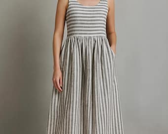 Linen Striped Midi Dress, Handmade Flax Sundress, Custom Bridesmaid Dress