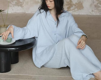 Light Blue Cotton Gauze Pajama Set for Women, Bridesmaid Pajamas Bridesmaid PJs, Slow Living Homewear, Gift for Her