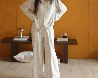 Oatmeal White Cotton Gauze Pajama Set, Women's Loungewear, Natural Double Gauze Shirt & Pants