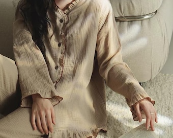 Beige Cotton Gauze Pajama Set, Women’s Ruffle Pajamas, French Style Long Sleeve Sleepwear, Soft Cotton Loungewear, Cozy PJs