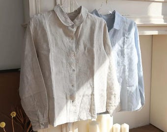 100% Linen Blouse, Peter Pan Collar Shirt, Button Up Flax Top, Custom Size & Color, Minimalist Linen Work Shirt