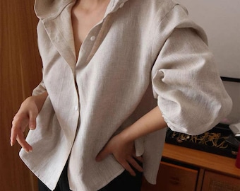 Handmade Linen Hooded Cardigan, Minimalist Button Down Shirt Jacket, Lightweight Linen Hoodie, Custom Colors