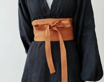 Handmade Linen Obi Belt, Kimono Style Dress Tie, Fall Deco