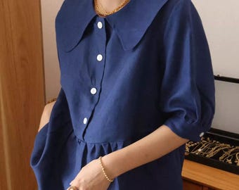 Linen Ruffle Collar Blouse, Handmade Loose Fit Top, Custom Linen Shirt, Everyday Elegant Workwear