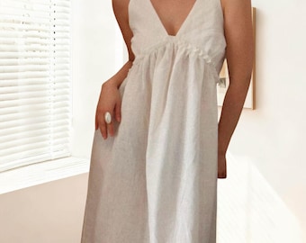 Linen V-Neck Slip Dress, Flax Sundress, Maternity-Friendly Design, Summer Vacation Dress, Minimalist Nightgown