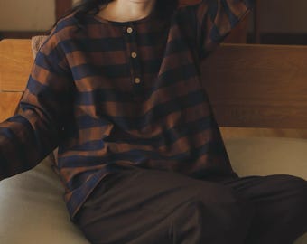 Flannel Pajama Set: Brown Plaid Top & Fleece Lounge Pants