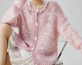 Vintage Pink Mohair Cardigan, Pearl Collar Knit Sweater