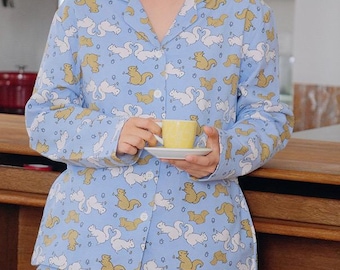Squirrel Print Cotton Pajama Set: Cozy Women's Loungewear