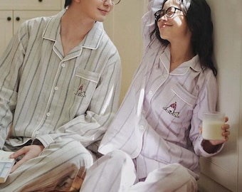 Couple Cotton Pajama Set | Soft Striped Matching Loungewear | Christmas Couple PJs  | Cozy Sleepwear