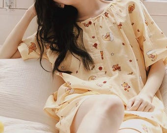 Conjunto de pijama de algodón con estampado de osos, ropa de dormir de gasa transpirable, ropa de estar por casa suave y estilo kawaii, regalo para hija.