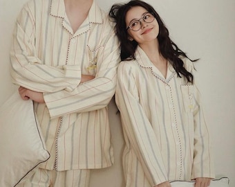 100% Cotton Flannel Couple Pajamas Set, Matching His & Hers PJs, Soft Warm Striped Sleepwear, Cute Embroidery, Valentine Gift