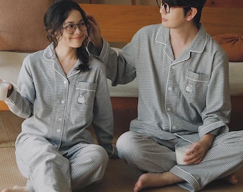 Classic houndstooth weave Couple Pajama Set, Bird Embroidery Button-Down Top & Pants, Christmas Gift