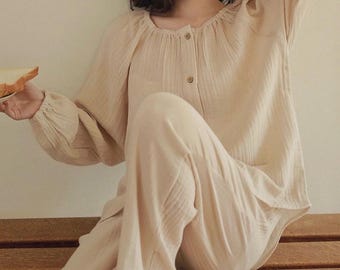 Organic Muslin Pajama Set: Double Gauze Loungewear, Pajama Handmade