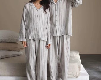 Couple Matching Pajama Set, Striped Gauze Cotton Loungewear, Muslin Cotton Sleepwear, Minimalist PJS