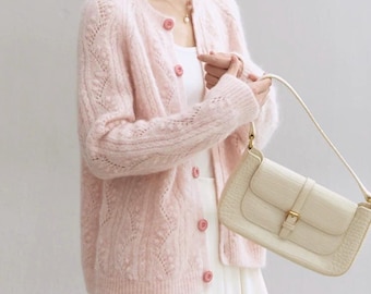 Hand-Knit Mohair Cardigan, Soft Fuzzy Sweater, Elegant Layering Knitwear, Cozy Chic Cardigan