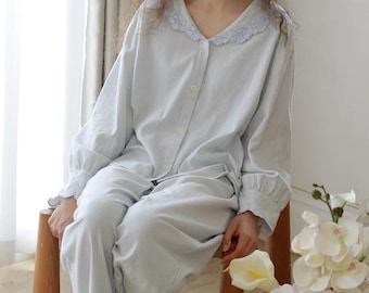 Light Blue Pinstripe Pajama Set, Lace Peter Pan Collar Lounge Set, Soft Cottagecore Sleepwear, Dorm & Back to School Pjs, Gift for Her
