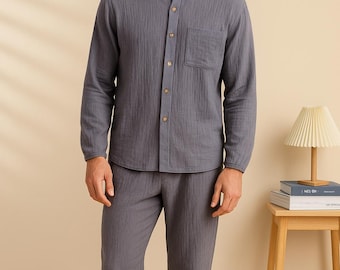 Cotton Muslin Pajama Set for Men: Double Gauze Loungewear