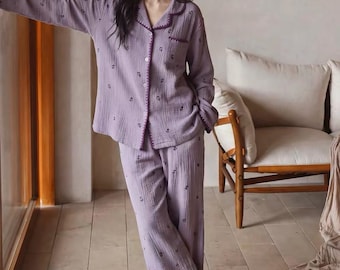 Floral Cotton Gauze Pajama Set, Vintage Rose Print, Cottagecore Loungewear