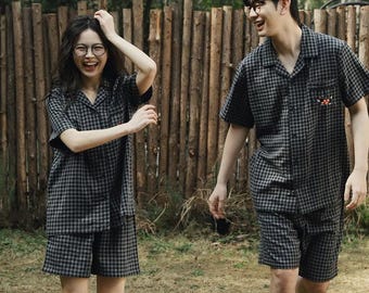 Matching Couple Pajamas, Breathable Plaid Sleepwear, His Hers Lounge Set, Couple Gift