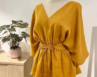 Linen Blouse Women | French Style Waist Tie Top | 3/4 Sleeve V-Neck Shirt | Elegant Workwear
