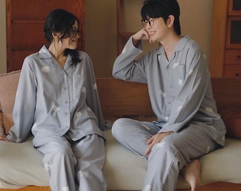 Luxury Cotton Brushed Pajama Set | Cozy Couple Sleepwear with Elegant Elephant Print