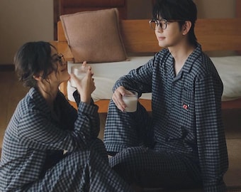 Navy Blue Flannel Matching Couples Pajama Set: Christmas Dog Print loungewear for him&her