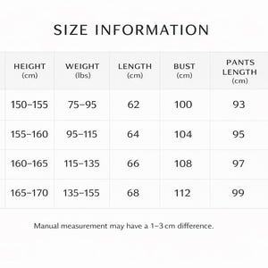 May include: Size information chart with measurements in centimeters and pounds. Includes sizes XS, S, M, and L, with corresponding height, weight, length, bust, pants length, and hip measurements. Text at the bottom states, "Manual measurement may have a 1-3 cm difference."