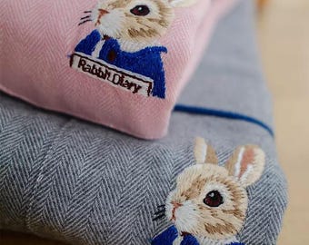 Embroidered Peter Rabbit Couple Pajama Set, Cozy Matching Sleepwear Gift, Classic houndstooth pattern PJS