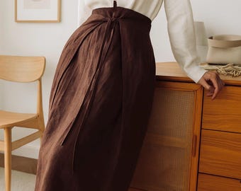 Gonna a portafoglio in lino fatta a mano: gonna midi a vita alta personalizzabile in colore e taglia.
