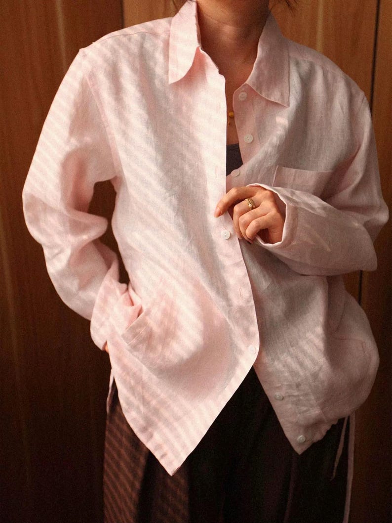 Minimalist Button up Linen Shirt, Pink Flax Coat, Classic Long Sleeve ...