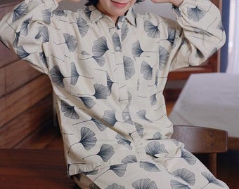 Ginkgo Blatt Baumwolle Flanell Pyjama Set, Soft Loungewear
