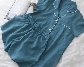 Unisex Linen Pajama Set, Wedding Loungewear, Short Sleeve&Shorts PJS,  Couples Matching Set