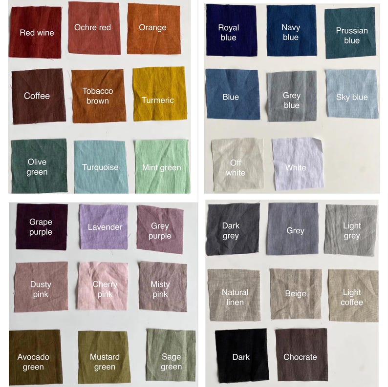 May include: A collection of fabric swatches in various colors, including red wine, orange, and turmeric. Each swatch is labeled with its color name, such as "Royal blue," "Sky blue," and "Mustard green." The swatches are arranged in rows and columns.