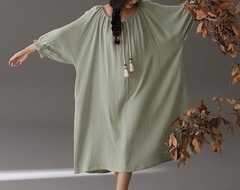 Boho Cotton Gauze Nightgown for Women, Sage Green Muslin Sleep Dress, Soft Baby Cotton Nightdress, Tassel Tie Loose Lounge Dress