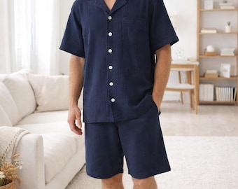 Men's Cotton Gauze Pajama Set, Soft Muslin Loungewear, Button Up Short Sleeve set
