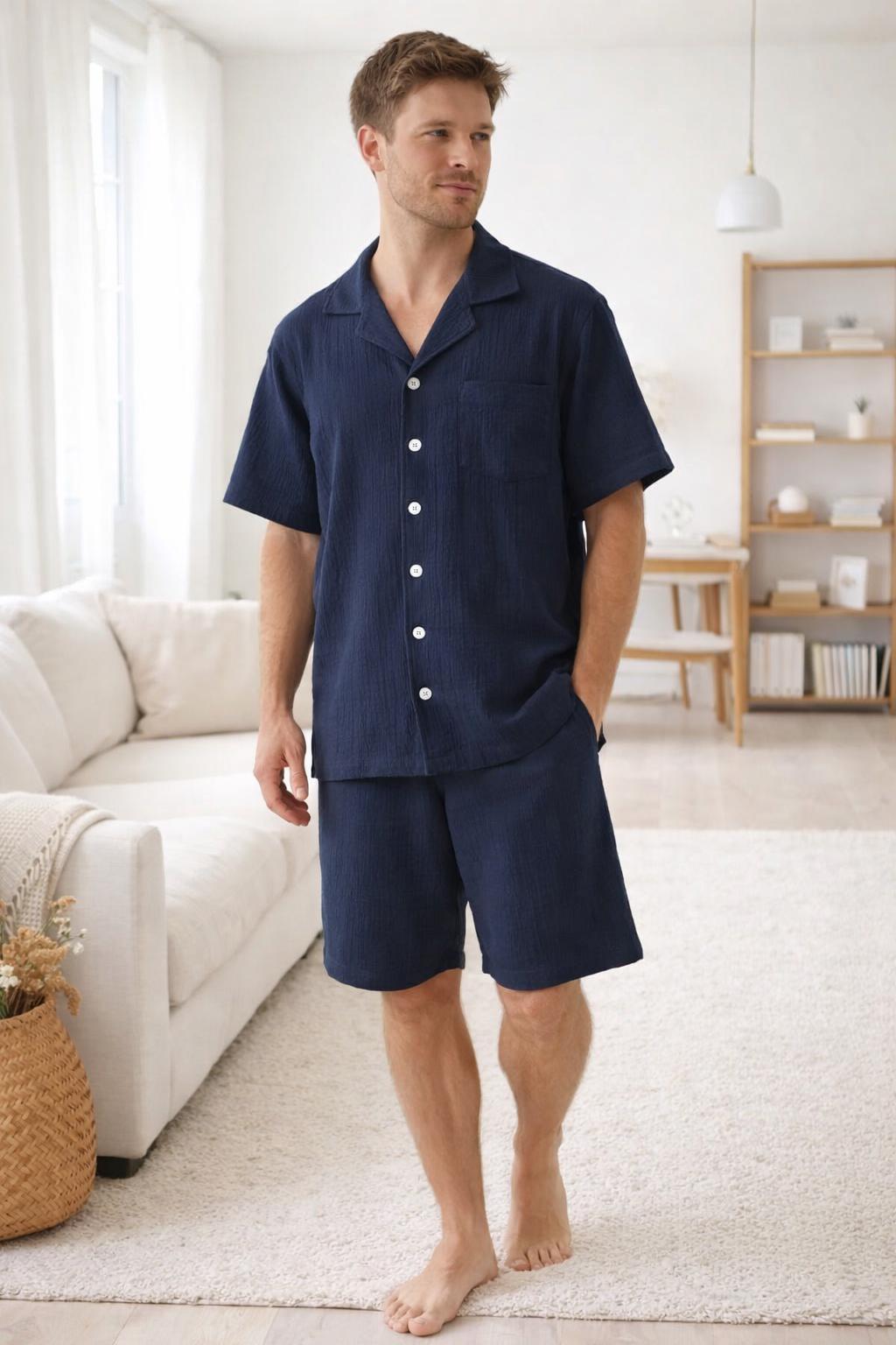 Men's Cotton Gauze Pajama Set, Soft Muslin Loungewear, Button Up Short Sleeve set