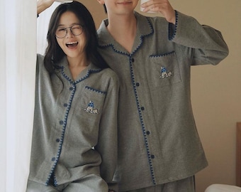Embroidered Dog Pajama Set,  Warm Flannel Pajamas, 100% Cotton His & Hers PJs, Cozy Christmas Gift for Couple