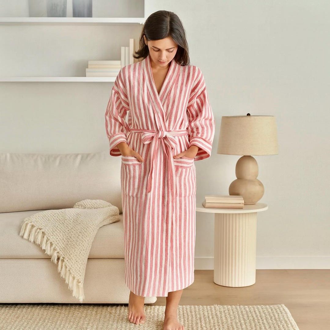 Handmade Red and White Striped Linen Bathrobe - Lightweight Kimono Robe ...
