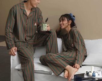 Couple Pajamas Set Knit Cotton | Matching His and Hers Loungewear | Cozy Striped Couple Sleepwear | Soft Home Pajamas Gift