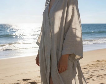 100% Linen Kimono Robe, Unisex Spa Bathrobe, Custom Size & Color