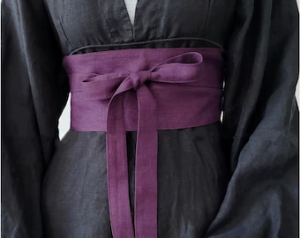 Plum Linen Obi Belt: Handmade Wrap Sash Corset, Cozy accessories gift