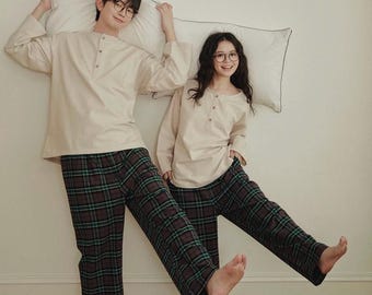 ミニマムリスト カップルパジャマセット – 起毛コットンチェック柄ラウンジウェア、ホリデーやホームギフトに最適
