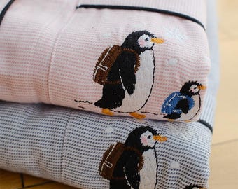 Embroidered Penguin Couple Pajama Set, Cozy Matching Sleepwear Gift