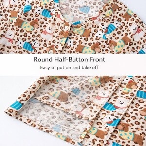 May include: A beige button-down shirt with a leopard print background and cartoon bears. The shirt has a round half-button front and neat interior stitching. The text on the image says "Round Half-Button Front" and "Neat Interior Stitching".