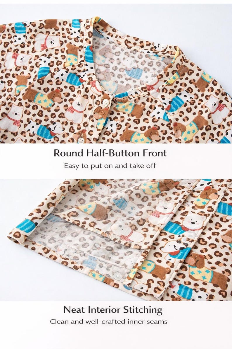 May include: A beige button-down shirt with a leopard print background and cartoon bears. The shirt has a round half-button front and neat interior stitching. The text on the image says "Round Half-Button Front" and "Neat Interior Stitching".