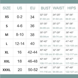 May include: A women's size chart with US, EU, bust, waist, and hips measurements. Sizes range from XS to XXXL, with bust measurements from 32"-33" to 44"-46" (81-116 cm), waist from 24"-25" to 37"-39" (61-99 cm), and hips from 34"-36" to 47"-49" (86-127 cm).