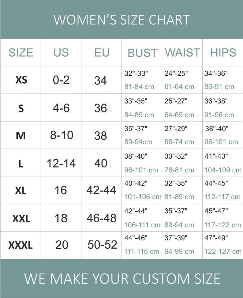 May include: A women's size chart with US, EU, bust, waist, and hips measurements. Sizes range from XS to XXXL, with bust measurements from 32"-33" to 44"-46" (81-116 cm), waist from 24"-25" to 37"-39" (61-99 cm), and hips from 34"-36" to 47"-49" (86-127 cm).