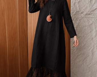 Black Hemp Maxi Dress, Long Sleeve Lace Hem Dress, Minimalist Loose Linen Style Dress, Custom Size&Color