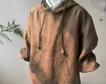 Handmade Linen Hoodie, Unisex Pullover, Minimalist Oversized Top