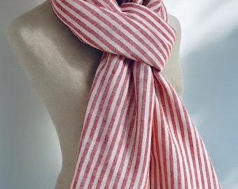 Handmade Red Striped Linen Scarf: Candy Stripe Travel Wrap, Linen Shawl